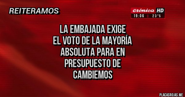 Placas Rojas - La embajada exige
el voto de la mayoría
absoluta para en
presupuesto de
Cambiemos Placas Rojas - La embajada exige
el voto de la mayoría
absoluta para en
presupuesto de
Cambiemos