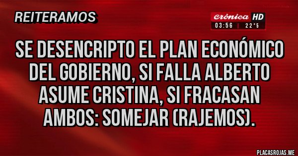 Placas Rojas - SE DESENCRIPTO EL PLAN ECONÓMICO DEL GOBIERNO, SI FALLA ALBERTO ASUME CRISTINA, SI FRACASAN AMBOS: SOMEJAR (RAJEMOS).