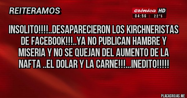 Placas Rojas - Insolito!!!!..desaparecieron los kirchneristas de facebook!!!..ya no publican hambre y miseria y no se quejan del aumento de la nafta ..el dolar y la carne!!!...inedito!!!!!