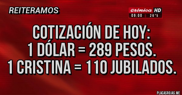 Placas Rojas - Cotización de hoy: 
1 dólar = 289 pesos. 
1 Cristina = 110 jubilados.