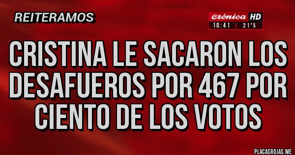 Placas Rojas - cristina le sacaron los desafueros por 467 por ciento de los votos Placas Rojas - cristina le sacaron los desafueros por 467 por ciento de los votos