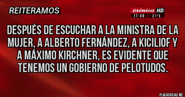 Placas Rojas - Después de escuchar a la ministra de la mujer, a Alberto Fernández, a kiciliof y a Máximo kirchner, es evidente que tenemos un gobierno de pelotudos.
