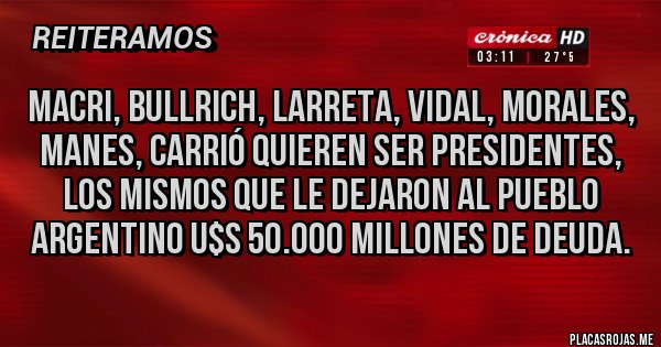 Placas Rojas - Macri, Bullrich, Larreta, Vidal, Morales, Manes, Carrió quieren ser presidentes, los mismos que le dejaron al pueblo argentino U$S 50.000 millones de deuda.