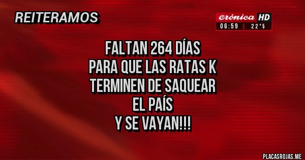 Placas Rojas - FALTAN 264 DÍAS 
PARA QUE LAS RATAS K
TERMINEN DE SAQUEAR 
EL PAÍS 
Y SE VAYAN!!!