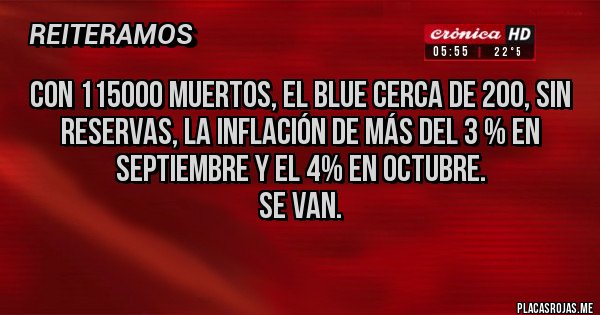 Placas Rojas - CON 115000 MUERTOS, EL BLUE CERCA DE 200, SIN RESERVAS, LA INFLACIÓN DE MÁS DEL 3 % EN SEPTIEMBRE Y EL 4% EN OCTUBRE.
SE VAN.

