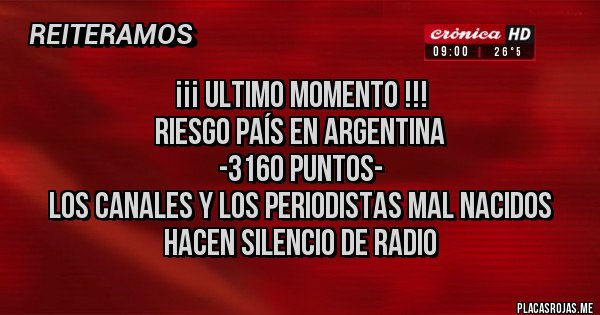 Placas Rojas -    ¡¡¡ ULTIMO MOMENTO !!!
        RIESGO PAÍS EN ARGENTINA   
                -3160 PUNTOS-
Los canales y los periodistas mal nacidos
         hacen silencio de radio