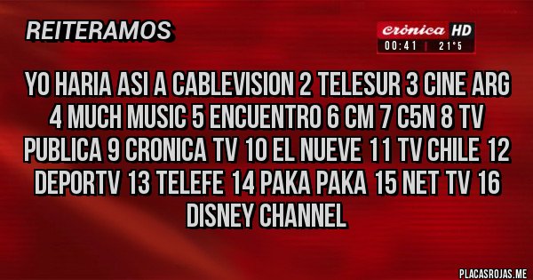 Placas Rojas - yo haria asi a cablevision 2 telesur 3 cine arg 4 much music 5 encuentro 6 cm 7 c5n 8 tv publica 9 cronica tv 10 el nueve 11 tv chile 12 deportv 13 telefe 14 paka paka 15 net tv 16 disney channel