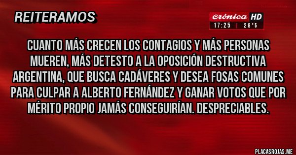 Placas Rojas - Cuanto más crecen los contagios y más personas mueren, más detesto a la oposición destructiva argentina, que busca cadáveres y desea fosas comunes para culpar a Alberto Fernández y ganar votos que por mérito propio jamás conseguirían. Despreciables.