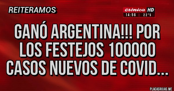 Placas Rojas - Ganó Argentina!!! Por los festejos 100000 casos nuevos de covid... Placas Rojas - Ganó Argentina!!! Por los festejos 100000 casos nuevos de covid...