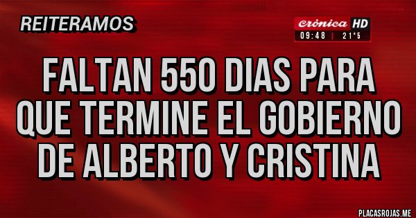 Placas Rojas - FALTAN 550 DIAS PARA QUE TERMINE EL GOBIERNO DE ALBERTO Y CRISTINA Placas Rojas - FALTAN 550 DIAS PARA QUE TERMINE EL GOBIERNO DE ALBERTO Y CRISTINA