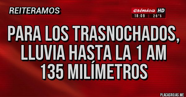 Placas Rojas - Para los trasnochados, lluvia hasta la 1 am  135 milímetros 