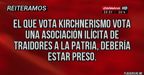 Placas Rojas - El que vota KIRCHNERISMO vota una asociación ilícita de traidores a la patria, debería estar preso.