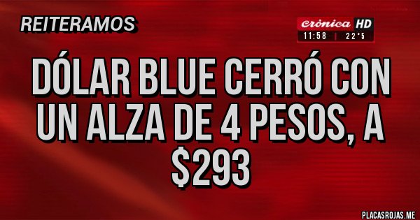 Placas Rojas - dólar blue cerró con un alza de 4 pesos, a $293