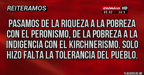 Placas Rojas - Pasamos de la riqueza a la pobreza con el peronismo, de la pobreza a la indigencia con el kirchnerismo. Solo hizo falta la tolerancia del pueblo.