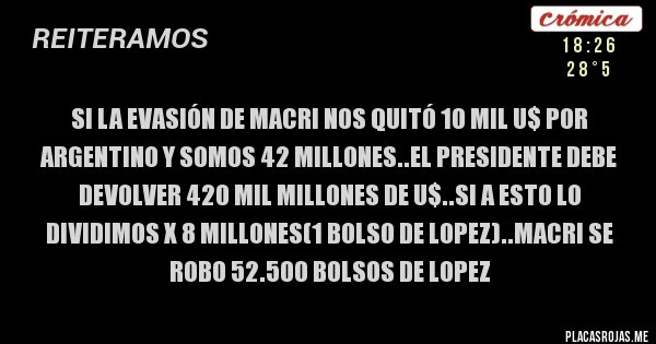Placas Rojas - Si la evasión de macri nos quitó 10 mil u$ por argentino y somos 42 millones..el presidente debe devolver 420 mil millones de u$..si a esto lo dividimos x 8 millones(1 bolso de lopez)..macri se robo 52.500 bolsos de lopez
