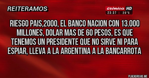 Placas Rojas - RIESGO PAIS,2000, EL BANCO NACION CON 13.000 MILLONES, DOLAR MAS DE 60 PESOS, ES QUE TENEMOS UN PRESIDENTE QUE NO SIRVE NI PARA ESPIAR, LLEVA A LA ARGENTINA A LA BANCARROTA