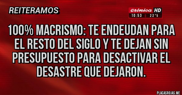 Placas Rojas - 100% macrismo: te endeudan para el resto del siglo y te dejan sin presupuesto para desactivar el desastre que dejaron.