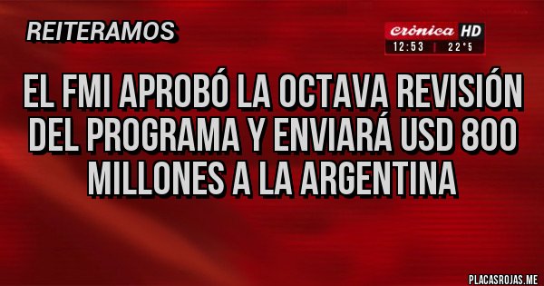 Placas Rojas - El FMI aprobó la octava revisión del programa y enviará USD 800 millones a la Argentina