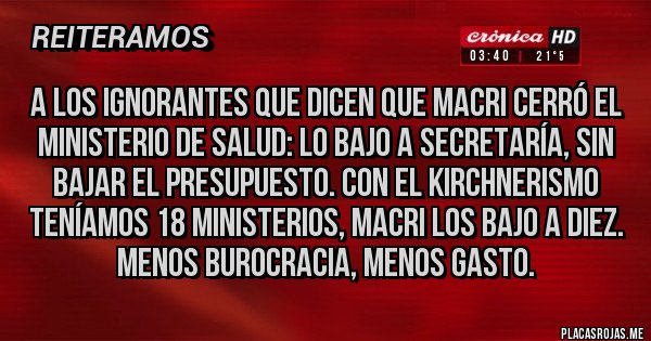 Placas Rojas -  A LOS IGNORANTES QUE DICEN QUE MACRI CERRÓ EL MINISTERIO DE SALUD: LO BAJO A SECRETARÍA, SIN BAJAR EL PRESUPUESTO. CON EL KIRCHNERISMO TENÍAMOS 18 MINISTERIOS, MACRI LOS BAJO A DIEZ. MENOS BUROCRACIA, MENOS GASTO.
