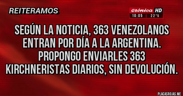 Placas Rojas - SEGÚN LA NOTICIA, 363 VENEZOLANOS ENTRAN POR DÍA A LA ARGENTINA. PROPONGO ENVIARLES 363 KIRCHNERISTAS DIARIOS, SIN DEVOLUCIÓN.