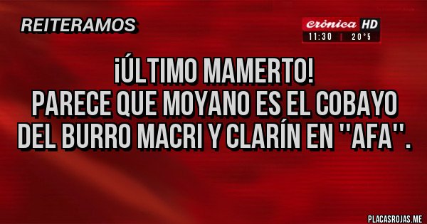 Placas Rojas - ¡ÚLTIMO MAMERTO!
PARECE QUE MOYANO ES EL COBAYO DEL BURRO MACRI Y CLARÍN EN ''AFA''.