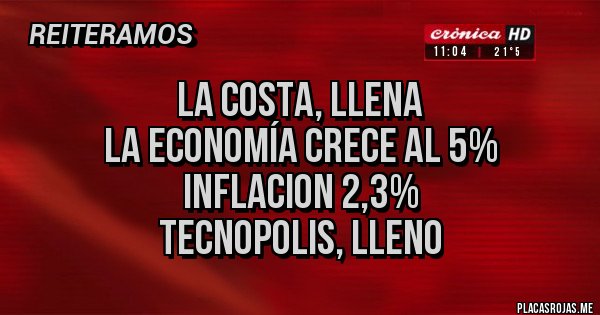 Placas Rojas - LA COSTA, LLENA
LA ECONOMÍA CRECE AL 5%
INFLACION 2,3%
TECNOPOLIS, LLENO Placas Rojas - LA COSTA, LLENA
LA ECONOMÍA CRECE AL 5%
INFLACION 2,3%
TECNOPOLIS, LLENO