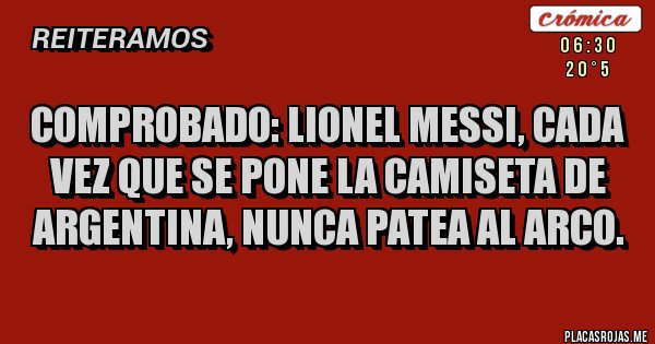 Placas Rojas - Comprobado: Lionel Messi, cada vez que se pone la camiseta de Argentina, nunca patea al arco. Placas Rojas - Comprobado: Lionel Messi, cada vez que se pone la camiseta de Argentina, nunca patea al arco.