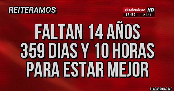 Placas Rojas - FALTAN 14 AÑOS
359 DIAS Y 10 HORAS
PARA ESTAR MEJOR Placas Rojas - FALTAN 14 AÑOS
359 DIAS Y 10 HORAS
PARA ESTAR MEJOR