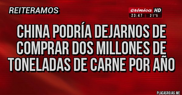 Placas Rojas - china podría dejarnos de comprar dos millones de toneladas de carne por año Placas Rojas - china podría dejarnos de comprar dos millones de toneladas de carne por año