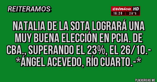 Placas Rojas - NATALIA DE LA SOTA LOGRARÁ UNA MUY BUENA ELECCIÓN EN PCIA. DE CBA., SUPERANDO EL 23%, EL 26/10.- *Ángel Acevedo, Río Cuarto.-*