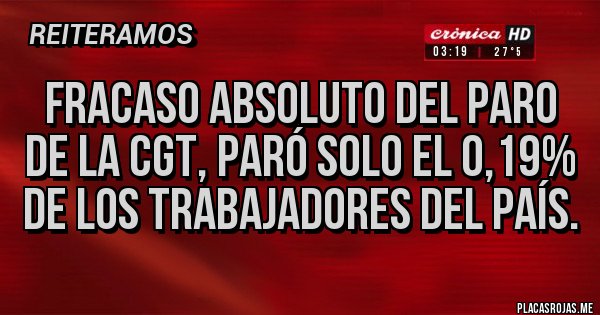 Placas Rojas - Fracaso absoluto del paro de la CGT, paró solo el 0,19% de los trabajadores del país.