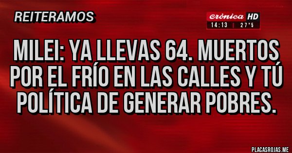 Placas Rojas - Milei: ya llevas 64. Muertos por el frío en las calles y tú política de generar pobres.
