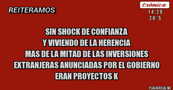Placas Rojas -  Sin shock de confianza 
y viviendo de la herencia
MAS DE LA MITAD DE LAS INVERSIONES EXTRANJERAS ANUNCIADAS POR EL GOBIERNO ERAN PROYECTOS K