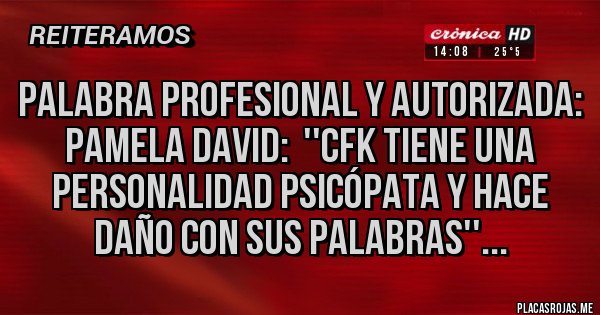 Placas Rojas - PALABRA PROFESIONAL Y AUTORIZADA:
PAMELA DAVID:  ''CFK TIENE UNA PERSONALIDAD PSICÓPATA Y HACE DAÑO CON SUS PALABRAS''...