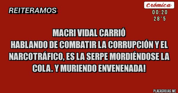 Placas Rojas - Macri Vidal Carrió 
hablando de combatir la corrupción y el narcotráfico, es la serpe mordiéndose la cola. Y muriendo envenenada!