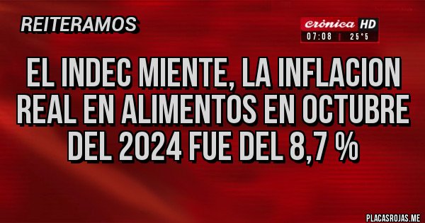 Placas Rojas - el indec miente, la inflacion real en alimentos en octubre del 2024 fue del 8,7 % Placas Rojas - el indec miente, la inflacion real en alimentos en octubre del 2024 fue del 8,7 %