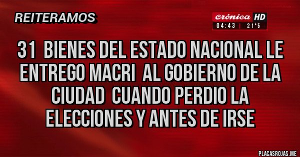Placas Rojas - 31  bienes del Estado Nacional le entrego Macri  al gobierno de la ciudad  cuando perdio la elecciones y antes de irse