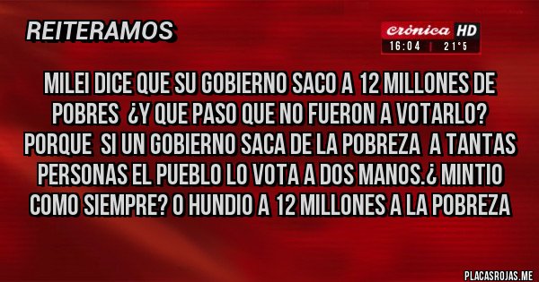 Placas Rojas - MILEI DICE QUE SU GOBIERNO SACO A 12 MILLONES DE POBRES  ¿Y QUE PASO QUE NO FUERON A VOTARLO? PORQUE  SI UN GOBIERNO SACA DE LA POBREZA  A TANTAS PERSONAS EL PUEBLO LO VOTA A DOS MANOS.¿ MINTIO COMO SIEMPRE? O HUNDIO A 12 MILLONES A LA POBREZA