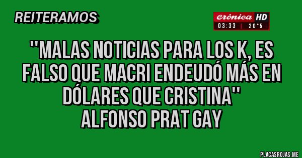 Placas Rojas - ''Malas noticias para los K, es falso que Macri endeudó más en dólares que Cristina''
Alfonso Prat Gay