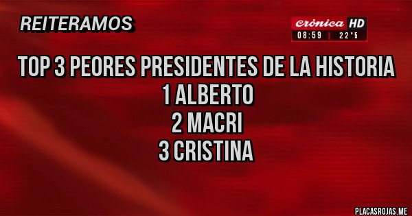 Placas Rojas - Top 3 peores presidentes de la historia 
                             1 Alberto
                             2 Macri
                             3 Cristina