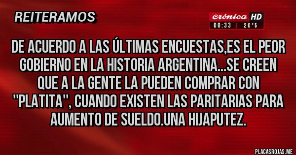 Placas Rojas - DE ACUERDO A LAS ÚLTIMAS ENCUESTAS,ES EL PEOR GOBIERNO EN LA HISTORIA ARGENTINA...SE CREEN QUE A LA GENTE LA PUEDEN COMPRAR CON ''PLATITA'', CUANDO EXISTEN LAS PARITARIAS PARA AUMENTO DE SUELDO.UNA HIJAPUTEZ. Placas Rojas - DE ACUERDO A LAS ÚLTIMAS ENCUESTAS,ES EL PEOR GOBIERNO EN LA HISTORIA ARGENTINA...SE CREEN QUE A LA GENTE LA PUEDEN COMPRAR CON ''PLATITA'', CUANDO EXISTEN LAS PARITARIAS PARA AUMENTO DE SUELDO.UNA HIJAPUTEZ.