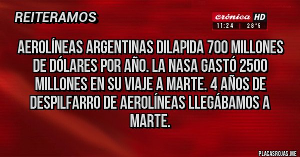 Placas Rojas - Aerolíneas argentinas dilapida 700 millones de dólares por año. La nasa gastó 2500 millones en su viaje a Marte. 4 años de despilfarro de aerolíneas llegábamos a Marte.