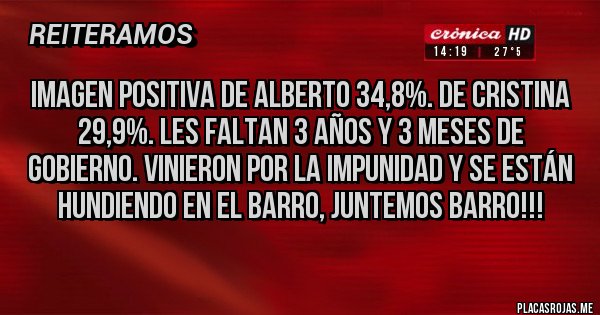 Placas Rojas - IMAGEN POSITIVA DE ALBERTO 34,8%. DE CRISTINA 29,9%. LES FALTAN 3 AÑOS Y 3 MESES DE GOBIERNO. VINIERON POR LA IMPUNIDAD Y SE ESTÁN HUNDIENDO EN EL BARRO, JUNTEMOS BARRO!!!
Placas Rojas - IMAGEN POSITIVA DE ALBERTO 34,8%. DE CRISTINA 29,9%. LES FALTAN 3 AÑOS Y 3 MESES DE GOBIERNO. VINIERON POR LA IMPUNIDAD Y SE ESTÁN HUNDIENDO EN EL BARRO, JUNTEMOS BARRO!!!