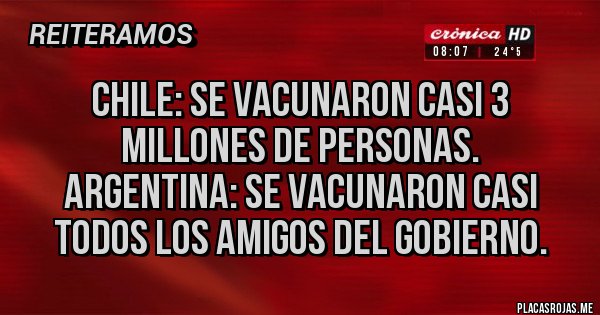 Placas Rojas - Chile: se vacunaron casi 3 millones de personas.
Argentina: se vacunaron casi todos los amigos del gobierno. 