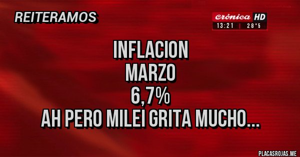 Placas Rojas - INFLACION
MARZO
6,7%
Ah pero MILEI grita mucho... Placas Rojas - INFLACION
MARZO
6,7%
Ah pero MILEI grita mucho...