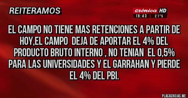 Placas Rojas - EL CAMPO NO TIENE MAS RETENCIONES A PARTIR DE HOY,EL CAMPO  DEJA DE APORTAR EL 4% DEL PRODUCTO BRUTO INTERNO , NO TENIAN  EL 0,5% PARA LAS UNIVERSIDADES Y EL GARRAHAN Y PIERDE EL 4% DEL PBI.