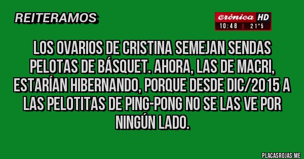 Placas Rojas - Los ovarios de Cristina semejan sendas pelotas de básquet. Ahora, las de Macri, estarían hibernando, porque desde Dic/2015 a las pelotitas de ping-pong no se las ve por ningún lado.