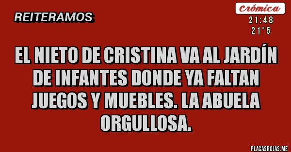 Placas Rojas - EL NIETO DE CRISTINA VA AL JARDÍN DE INFANTES DONDE YA FALTAN JUEGOS Y MUEBLES. LA ABUELA ORGULLOSA.