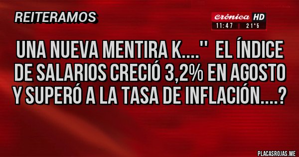 Placas Rojas - una nueva mentira K....''  El índice de salarios creció 3,2% en agosto y superó a la tasa de inflación....?