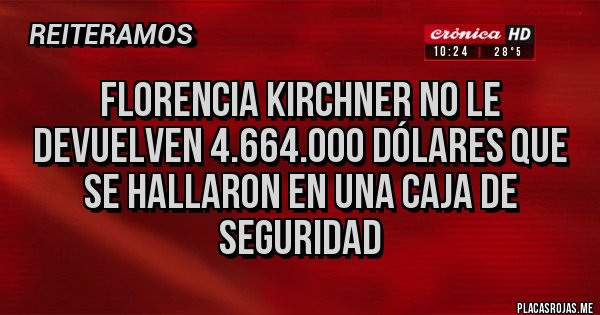 Placas Rojas - Florencia Kirchner no le devuelven 4.664.000 dólares que se hallaron en una caja de seguridad 